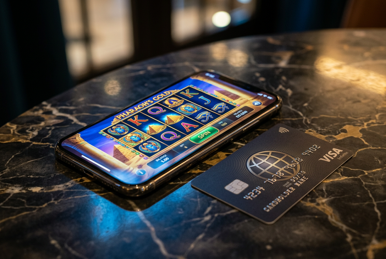 Ένα smartphone που εμφανίζει παιχνίδια καζίνο δίπλα σε μια κάρτα Visa.