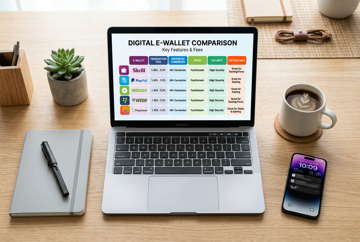 A laptop screen displaying a comparison of digital payment providers like Skrill.