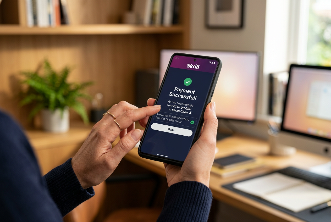 A person holding a phone with a successful Skrill payment confirmation.