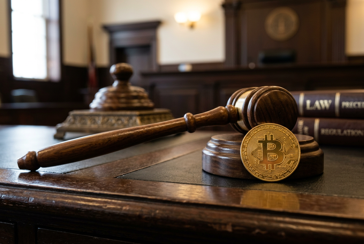 Σφύρα δικαστηρίου δίπλα σε νόμισμα Bitcoin σε μαρμάρινη επιφάνεια.