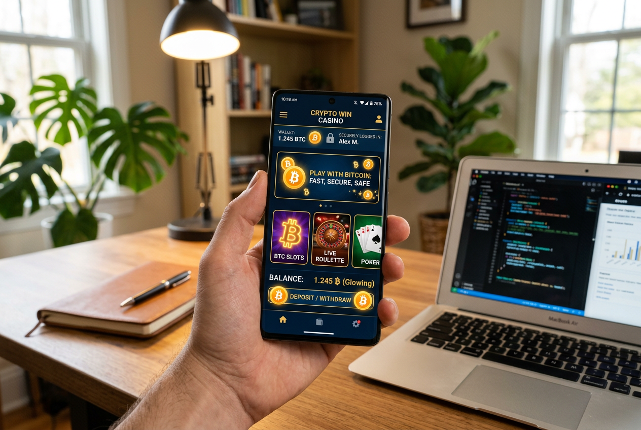 Ευανάγνωστη διεπαφή καζίνο σε smartphone με σύμβολα Bitcoin.