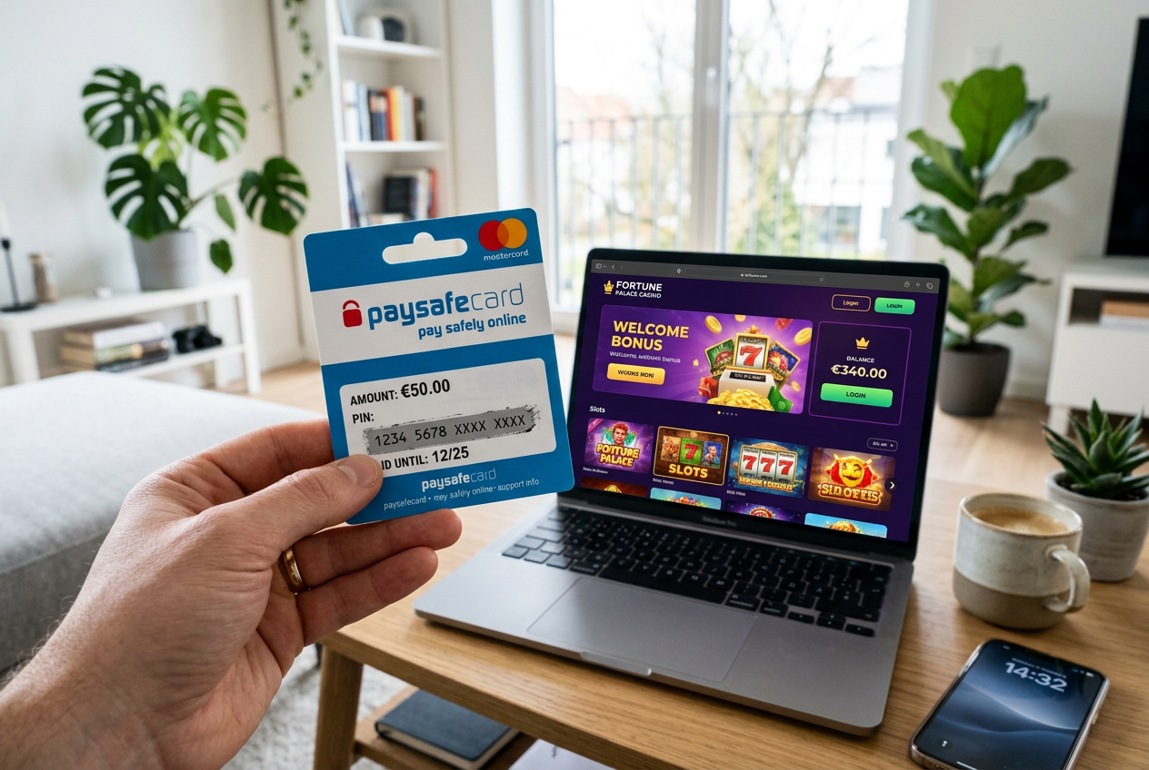 A hand holding a Paysafecard voucher in front of a computer screen.
